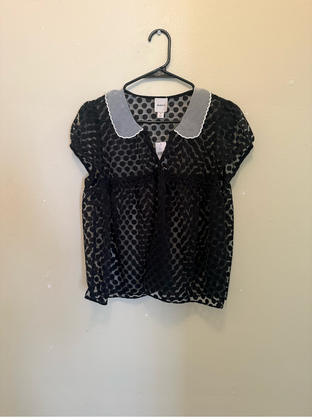 Maeve Black Sheer Polka Dot Blouse with White Scalloped Collar